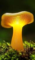 A single yellow mushroom with a bright orange cap and gills growing in moss. photo