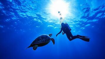 A scuba diver swims alongside a sea turtle in the clear blue ocean, with the sun shining above. photo