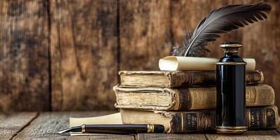 A vintage quill pen, an inkwell, and a stack of old books on a rustic wooden background. photo