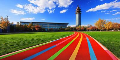 A colorful running track in a park with a building and a tower in the background. photo