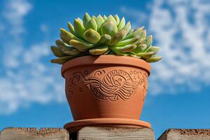 A succulent plant in a terracotta pot with a decorative design against a blue sky with white clouds. photo