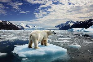 A polar bear stands on a small iceberg in the Arctic Ocean, with snow-capped mountains in the background. photo