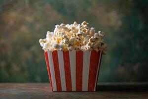 A red and white striped popcorn box filled with fluffy popcorn sits on a wooden table against a textured green backdrop. photo