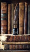 A quill pen sits in an inkwell, resting on a stack of antique books, in front of a shelf of leather-bound books. photo