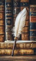 A quill pen rests on a stack of antique books, symbolizing the power of written words and the legacy of literature. photo