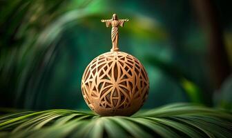 A miniature statue of Christ the Redeemer stands atop a carved wooden sphere, symbolizing faith and hope, against a backdrop of lush green foliage. photo