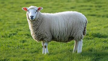 A single white sheep standing in a green field, looking directly at the camera. photo