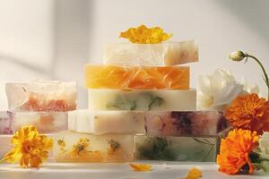 A stack of six colorful handmade soaps with flowers and petals on a white surface. photo