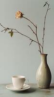A white teacup and saucer sits next to a vase with a single, dried rose. photo