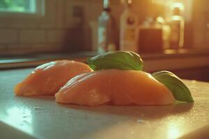 Two raw chicken breasts with fresh basil on a cutting board, ready for cooking in a kitchen. photo