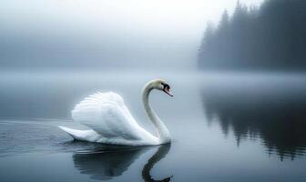 A white swan gracefully swims on a misty lake with a silhouette of trees in the background. photo