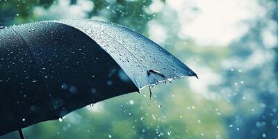 Close up of a black umbrella with water droplets in the rain. photo