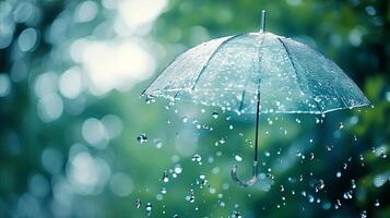 A transparent umbrella with raindrops falling from it, in front of a green bokeh background. photo