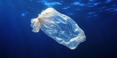A single plastic bag floats in the blue ocean, a stark reminder of pollution. photo
