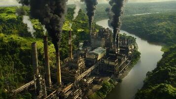 Aerial view of a large industrial complex with smoke plumes rising from its stacks, surrounded by lush green forest and a river. photo
