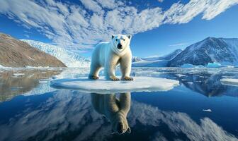 A majestic polar bear stands on a small ice floe in the Arctic, its reflection visible in the clear blue water. The background features snow-capped mountains and a glacier. photo