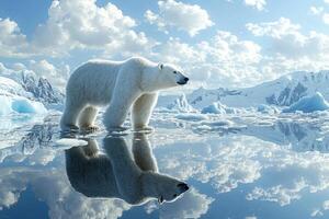 A polar bear walks across a frozen arctic landscape with a reflection in the ice. photo