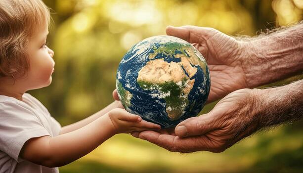 un joven niño y un mayor hombre sostener un globo en su manos, simbolizando el paso de el del planeta futuro desde uno Generacion a el próximo. foto