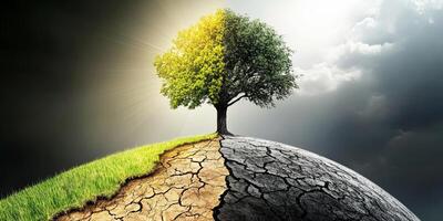 A tree stands on a cracked earth globe, symbolizing the effects of climate change and environmental damage. The left side of the globe is lush and green, while the right side is dry and cracked. photo