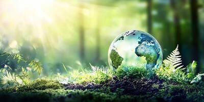 A glass globe sits on moss in a forest with a sunbeam shining through the trees. photo