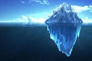 A large iceberg floats in the ocean with only a small portion visible above the waterline. photo