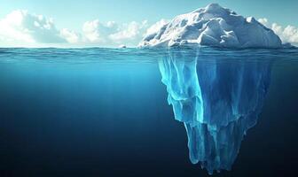A large iceberg floats in the ocean with only a small portion visible above the waterline. photo