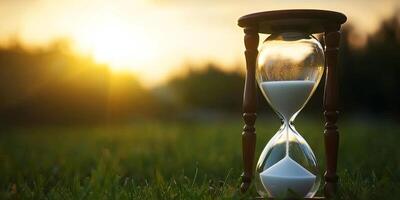 Hourglass on grassy field with sunset in the background. photo