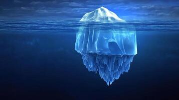 A large iceberg floats in the ocean with only a small portion visible above the waterline. photo