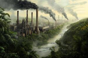 A river flows through a dense jungle with industrial factories belching smoke into the air in the background, creating a stark contrast between nature and industry. photo