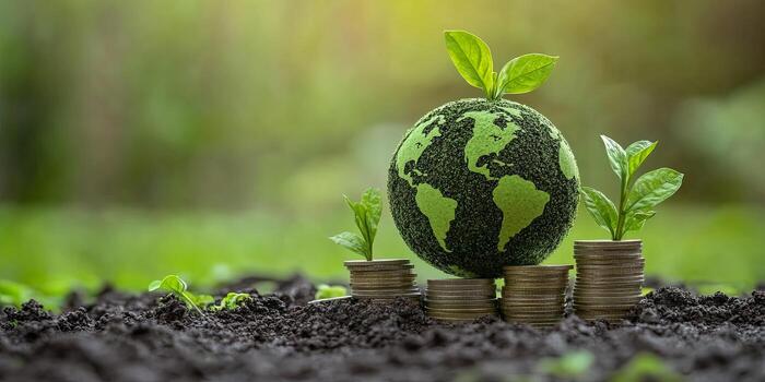 A small globe with growing plants on top of stacked coins in soil. photo