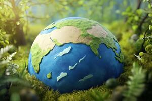 A clay model of the Earth sits nestled in a bed of green moss, surrounded by lush foliage, evoking a sense of environmental harmony and the importance of nature. photo