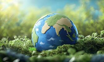 A clay globe, depicting Earth, is nestled amongst green foliage, representing the importance of preserving our planet. photo