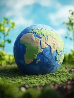 A clay model of the Earth sits in a grassy field, symbolizing the importance of protecting our planet. photo