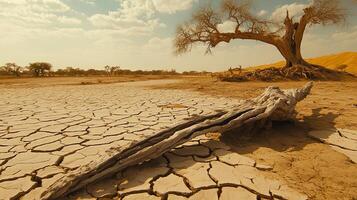 A weathered tree trunk lies on the cracked earth of a dry desert landscape, with a lone tree in the background. photo