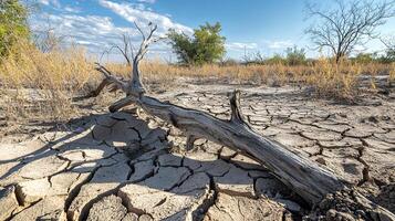 A fallen tree branch lies on cracked, dry earth in a desert landscape. photo