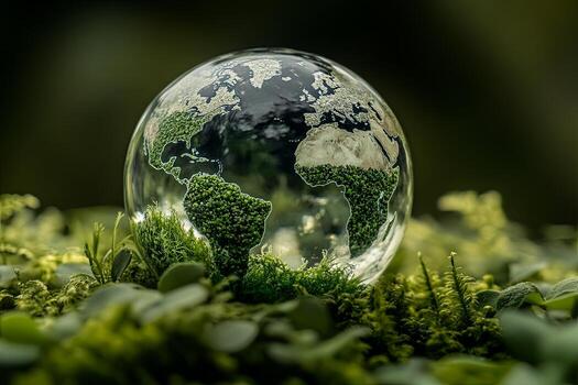 A glass globe with a map of the world inside sits on a bed of green moss, representing the earth and its fragility. photo