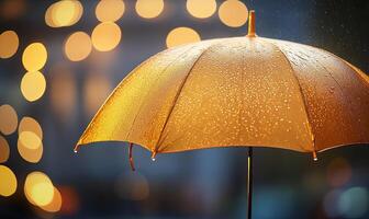 A golden umbrella with raindrops in front of a blurred city lights background. photo