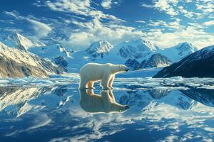 A solitary polar bear stands on a frozen lake in the Arctic, its reflection mirrored in the smooth ice. The mountains in the distance are covered in snow and ice, creating a breathtaking landscape. photo