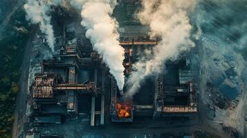 Aerial view of a large industrial complex with smoke billowing from a chimney. photo