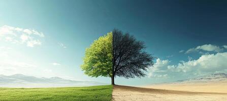 A single tree with lush green leaves on one side and bare branches on the other side, standing between a green meadow and a dry desert landscape under a blue sky with clouds. photo