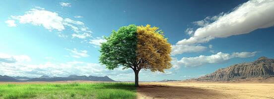 A single tree stands alone in a desert landscape, half of its leaves are green and the other half are yellow. The sky is blue with white clouds. photo