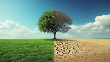 A tree stands in a field, half lush and green, half dry and cracked, symbolizing the impact of climate change. photo