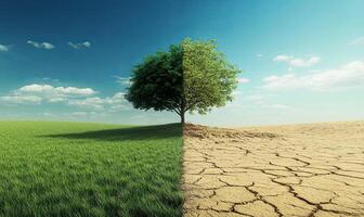 A tree stands on the border between lush green grass and a cracked, barren desert landscape, symbolizing the contrast between a healthy ecosystem and a drought-stricken environment. photo