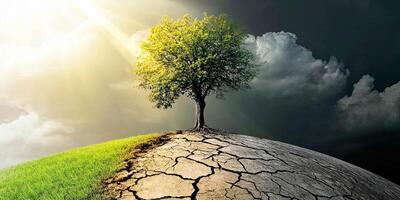 A single tree stands on a hill, with lush green grass on one side and dry, cracked earth on the other, symbolizing the contrast of nature's bounty and the effects of drought. photo