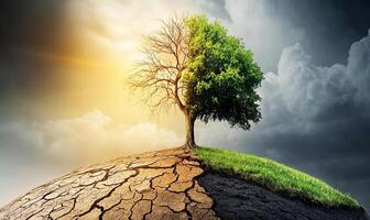 A tree with half of it green and lush and the other half dead and barren stands on a cracked and dry earth, while the other half is green and grassy. photo