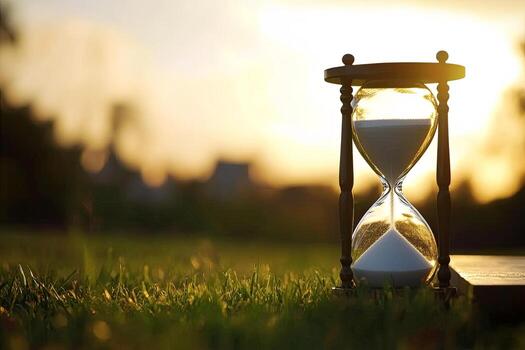 un reloj de arena con arena corriendo fuera en frente de un atardecer, representando hora paso. foto