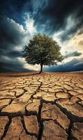 A single tree stands tall on a cracked, dry earth, symbolizing resilience in the face of drought. photo