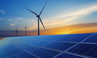 A field of solar panels at sunset with wind turbines in the background. photo