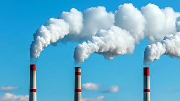 Three tall industrial chimneys with white smoke billowing out against a bright blue sky with white clouds. photo