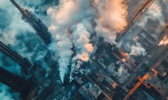 Aerial view of industrial complex with thick plumes of smoke billowing from chimneys. photo